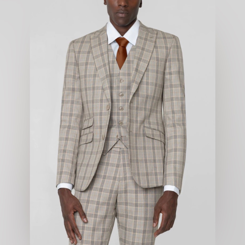 Khaki & Black Glen Plaid Three Piece Peak Lapel Ticket Pocket Suit, 50R/44W Slim
